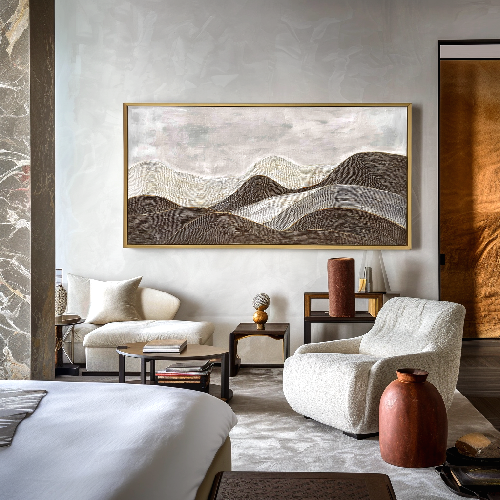 Textured black and white abstract landscape of rolling hills with soft gray tones.
