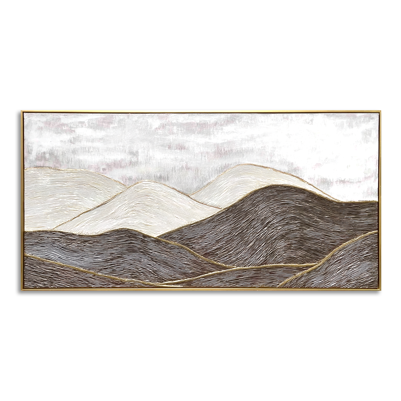 Textured black and white abstract landscape of rolling hills with golden accents.