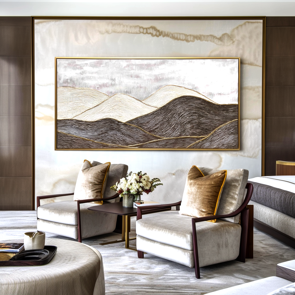 Textured black and white abstract landscape of rolling hills with golden accents.
