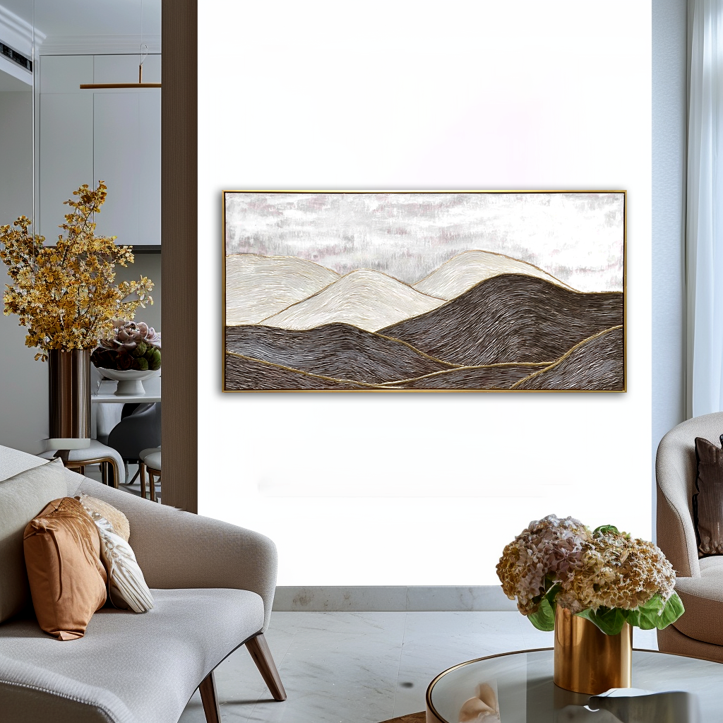 Textured black and white abstract landscape of rolling hills with golden accents.