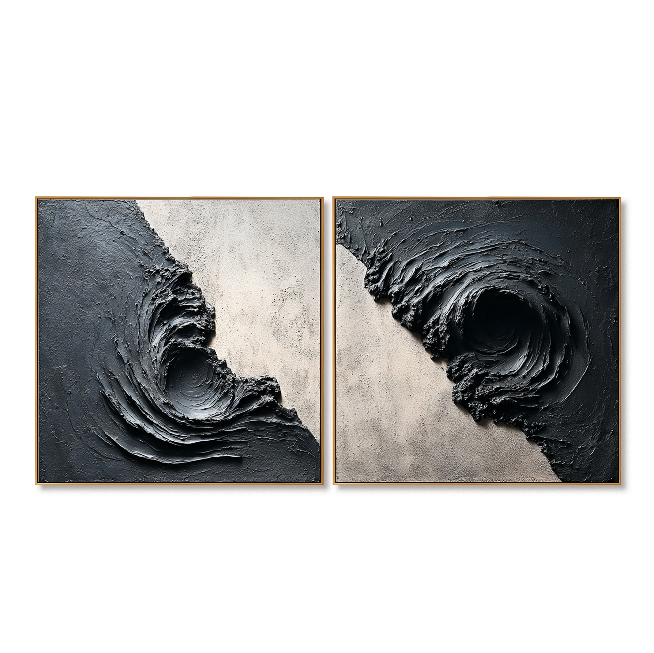 Textured abstract artwork featuring swirling black and gray tones resembling a whirlpool.