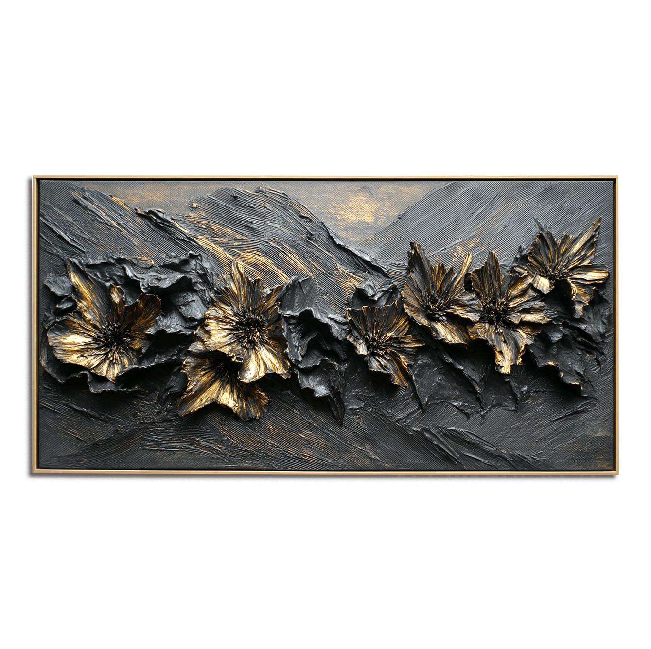 Textured abstract floral art featuring black background with golden flowers.