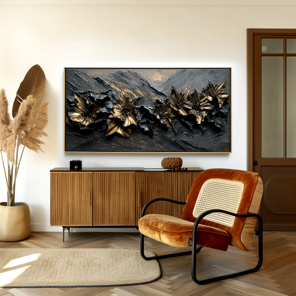 Textured abstract floral art featuring black background with golden flowers.