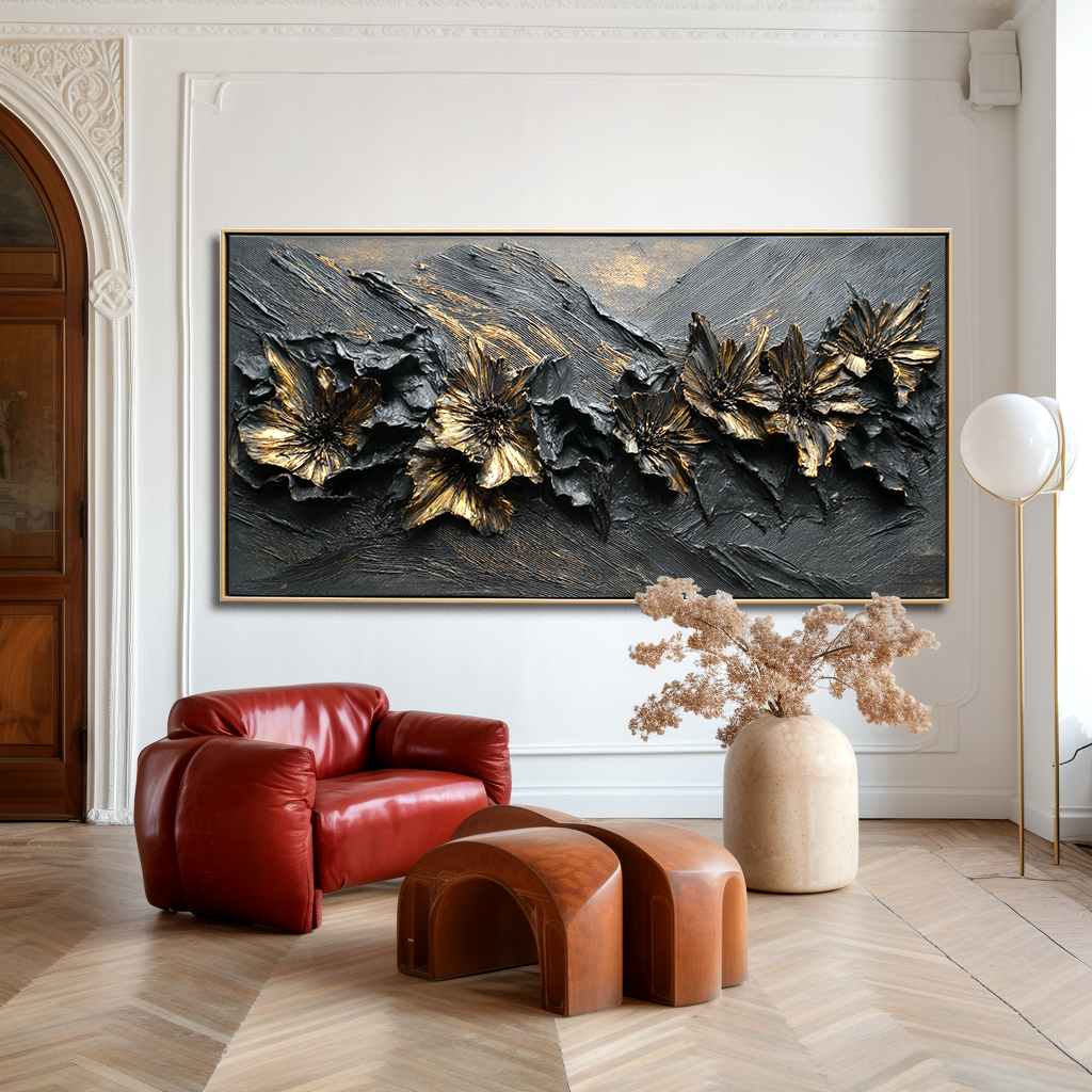 Textured abstract floral art featuring black background with golden flowers.