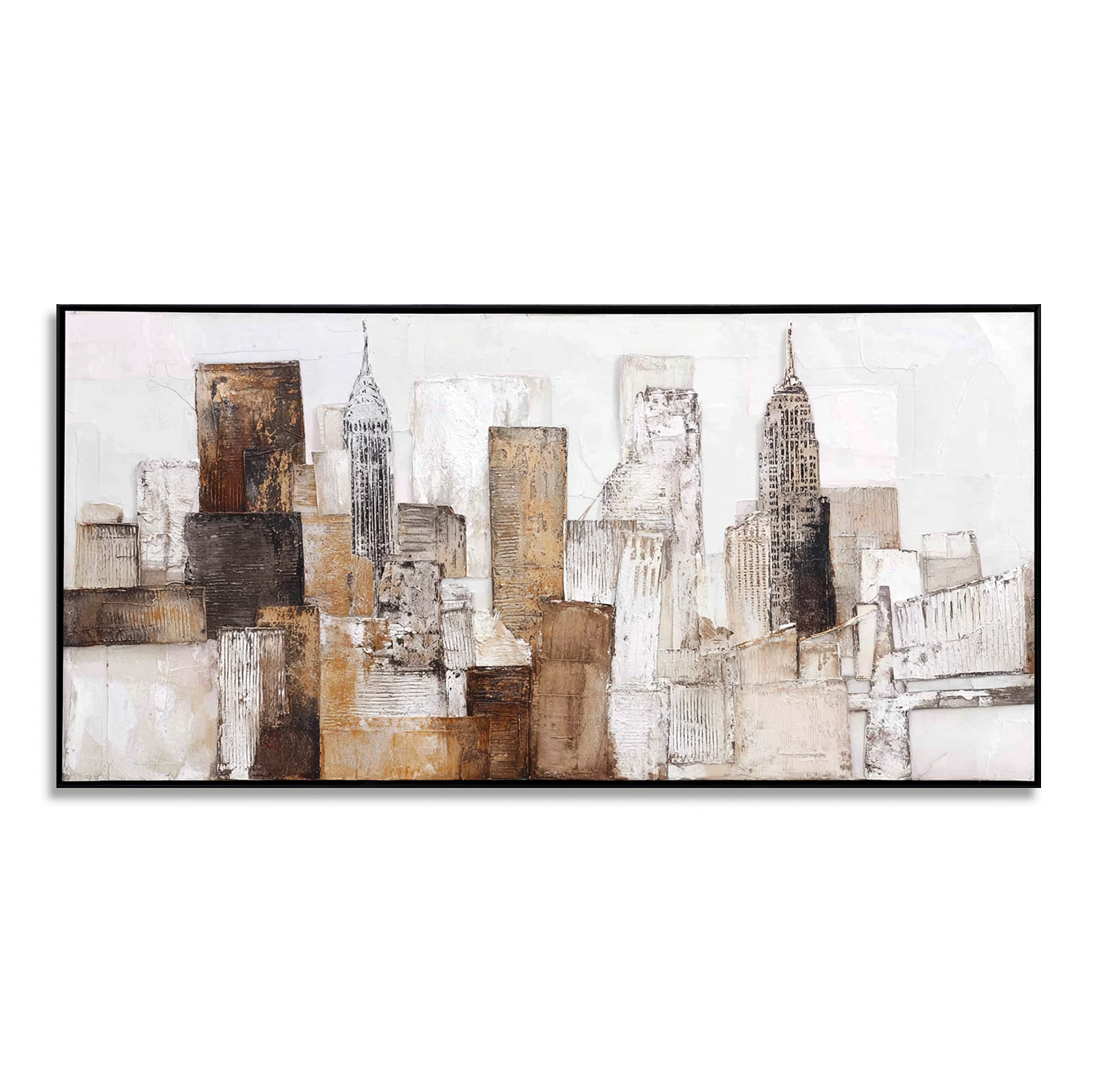 Abstract cityscape featuring textured buildings in earth tones with the Empire State Building.