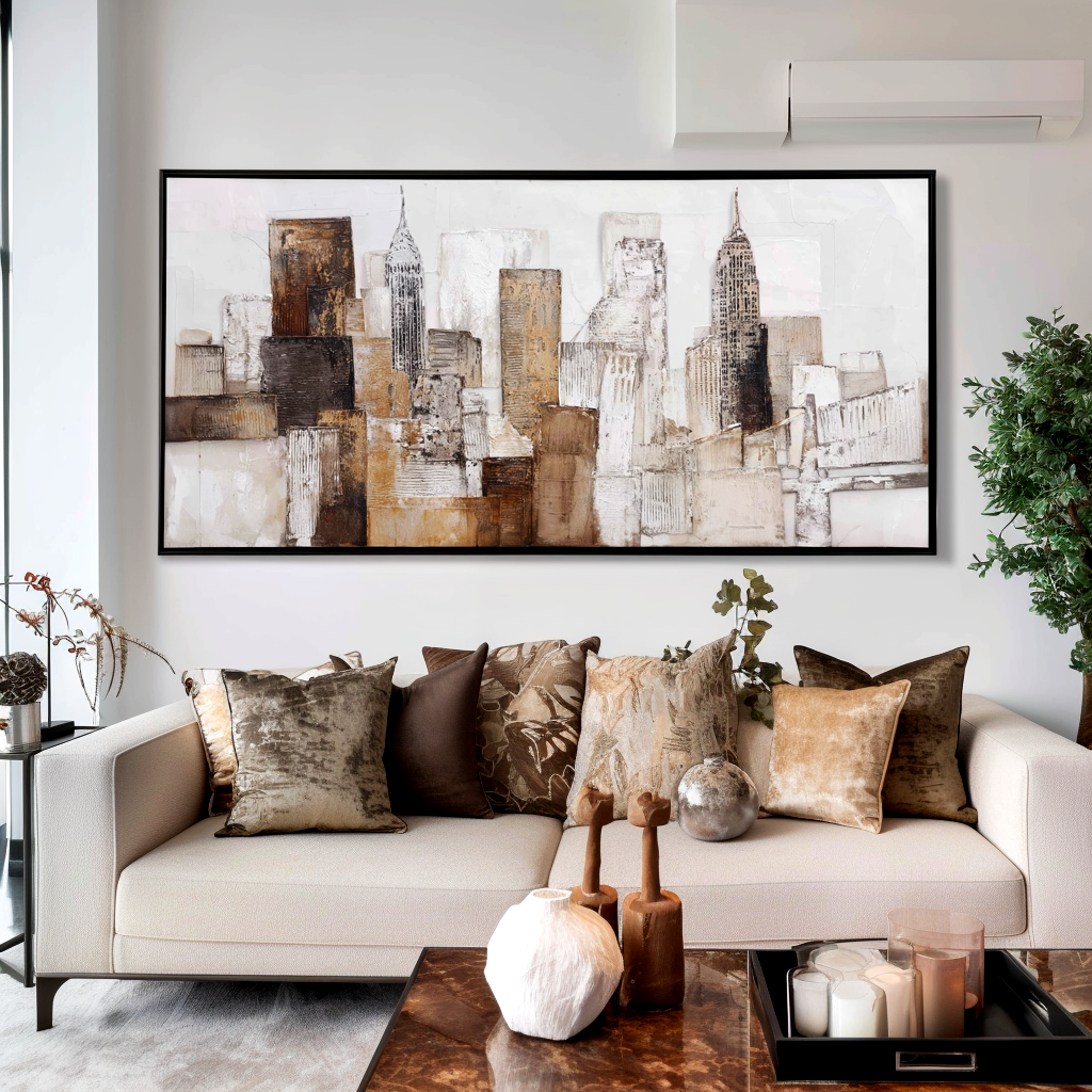 Abstract cityscape featuring textured buildings in earth tones with the Empire State Building.