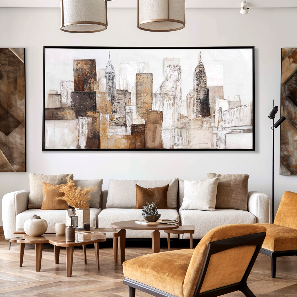 Abstract cityscape featuring textured buildings in earth tones with the Empire State Building.