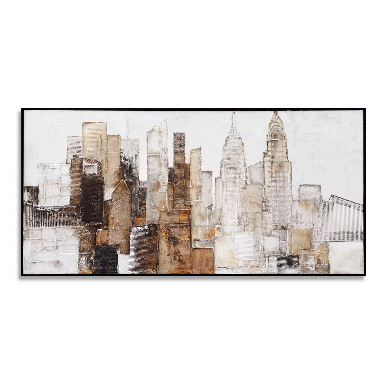 Textured abstract cityscape with skyscrapers, including the Empire State Building.