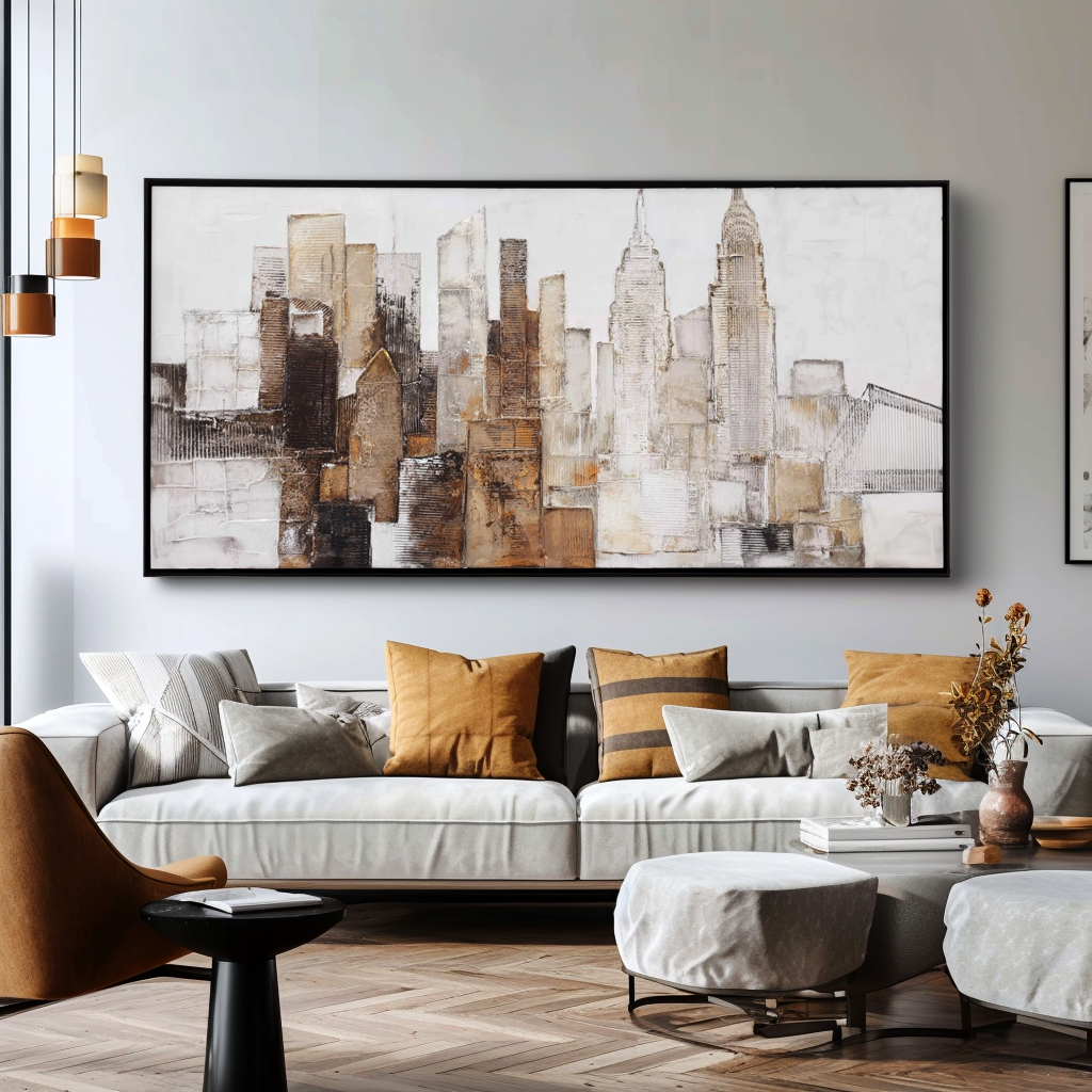 Textured abstract cityscape with skyscrapers, including the Empire State Building.