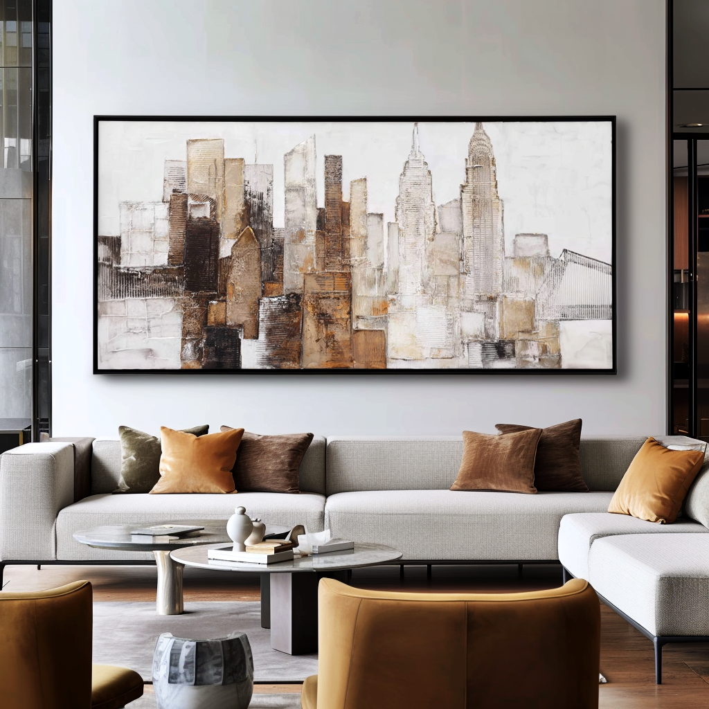 Textured abstract cityscape with skyscrapers, including the Empire State Building.
