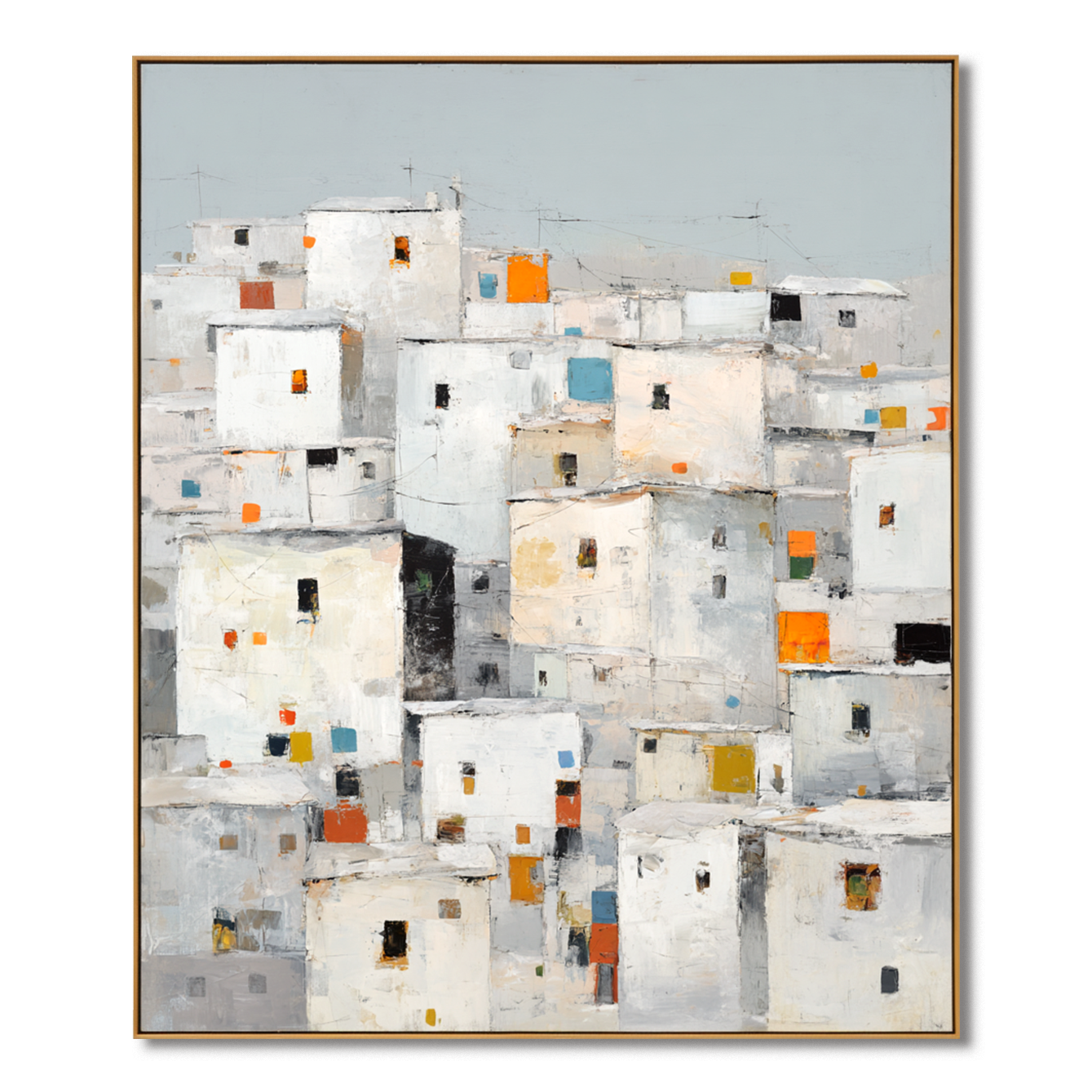 Abstract cityscape featuring houses with colorful windows in white and gray tones.