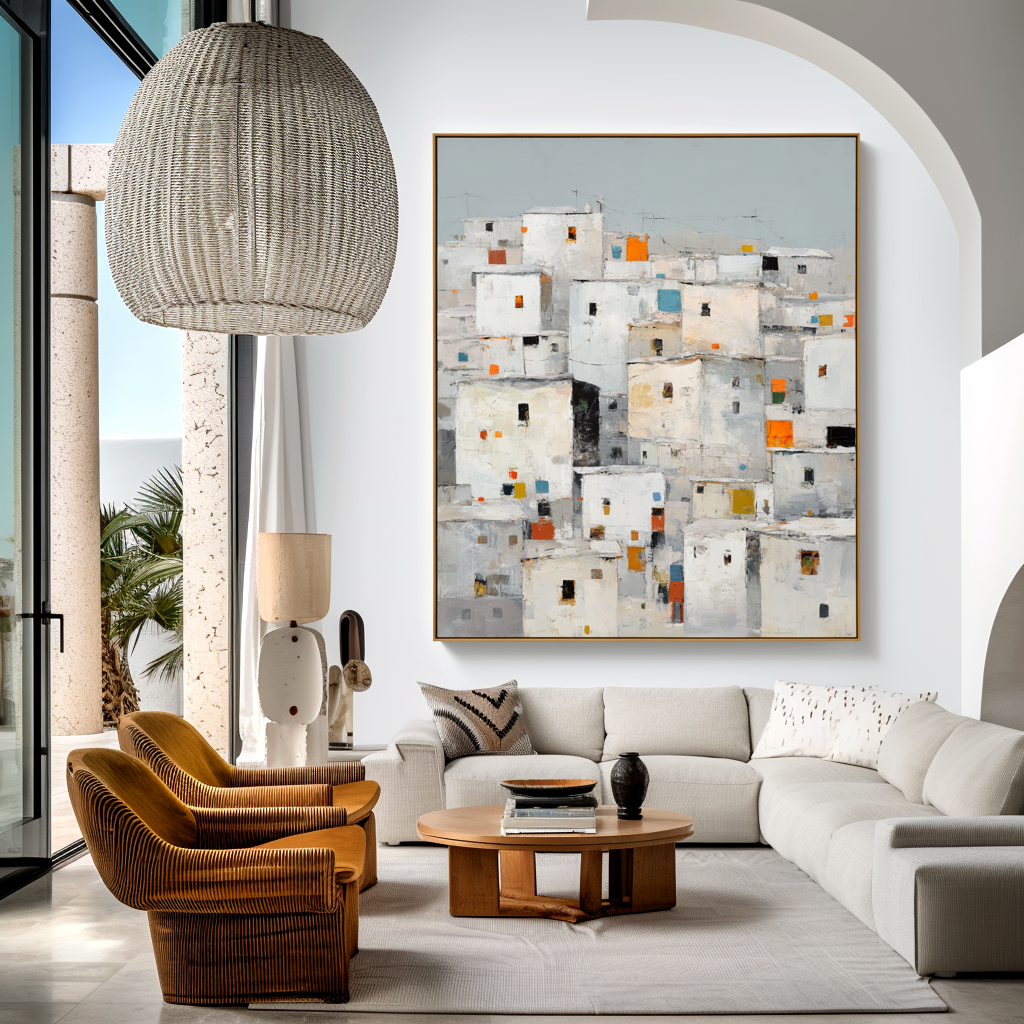 Abstract cityscape featuring houses with colorful windows in white and gray tones.