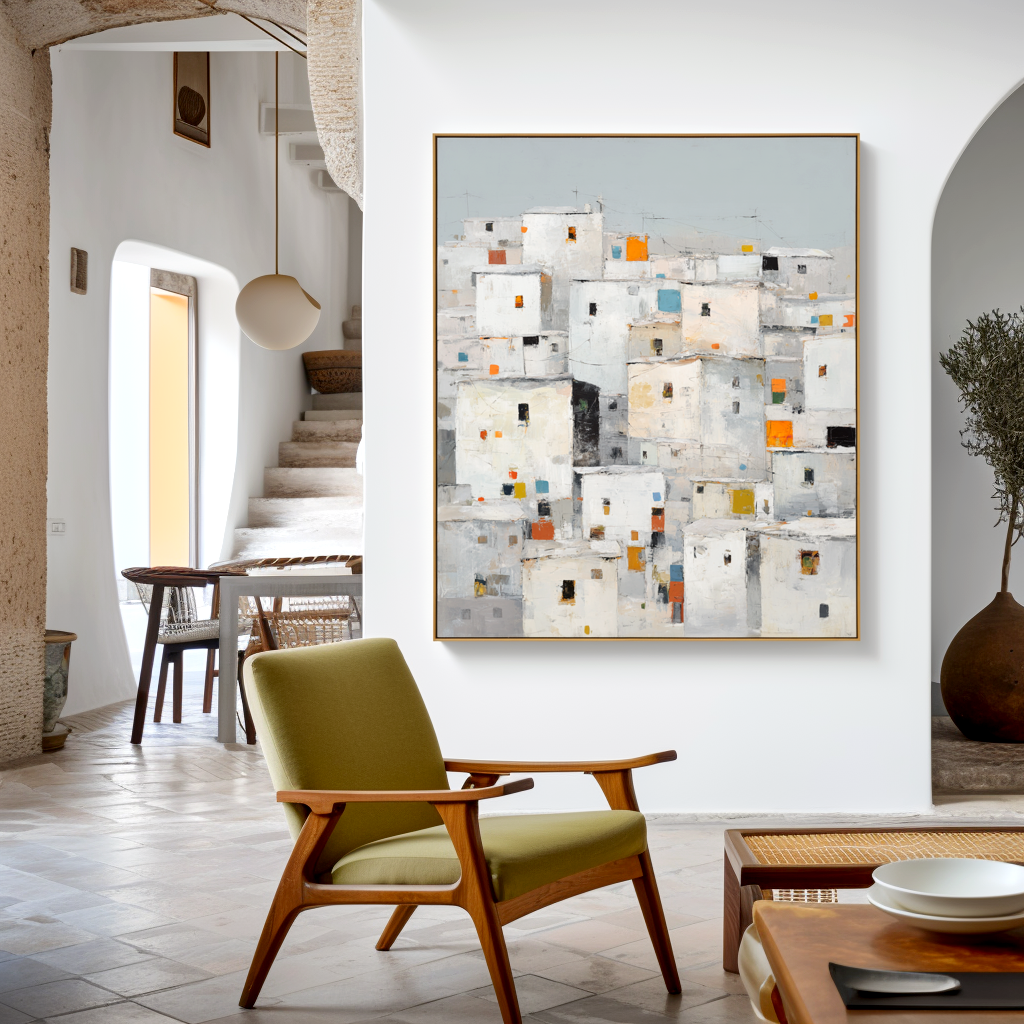 Abstract cityscape featuring houses with colorful windows in white and gray tones.