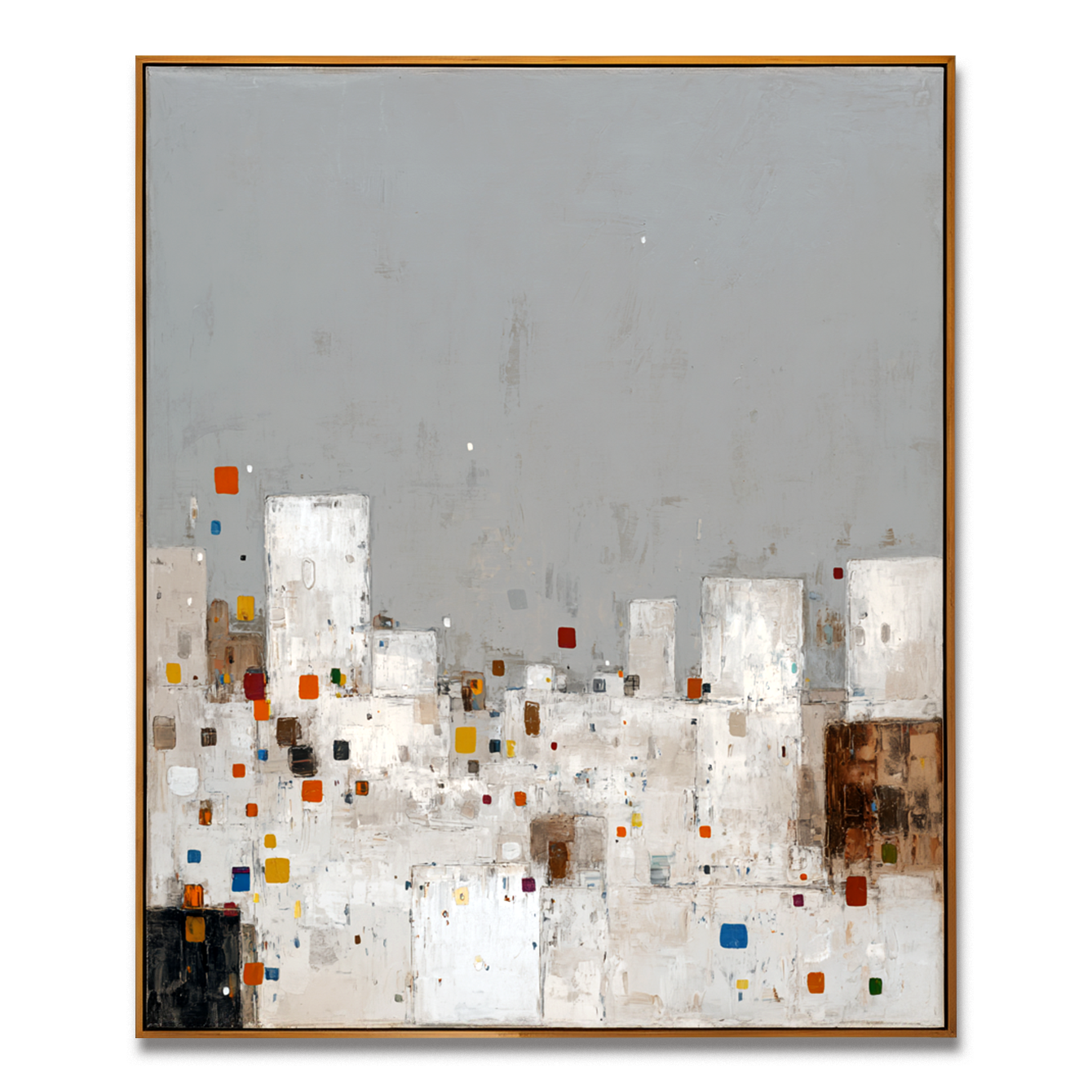 Abstract cityscape with white and gray buildings, colorful square accents.