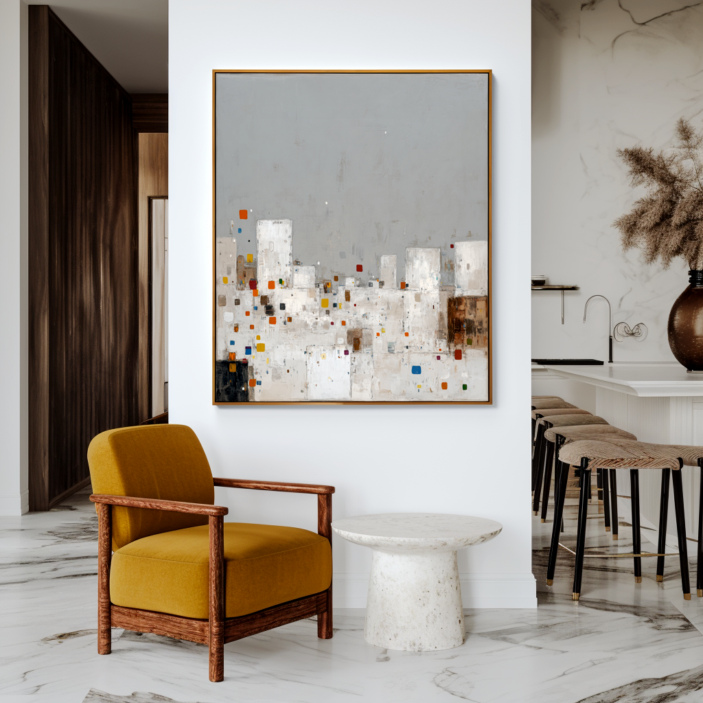 Abstract cityscape with white and gray buildings, colorful square accents.