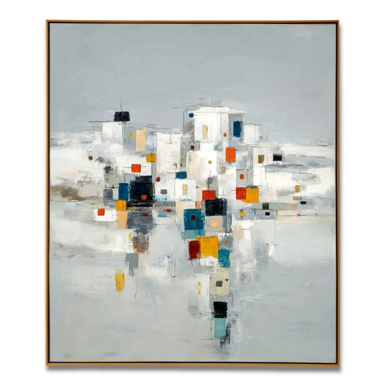 Abstract cityscape with vibrant colorful squares and geometric buildings.