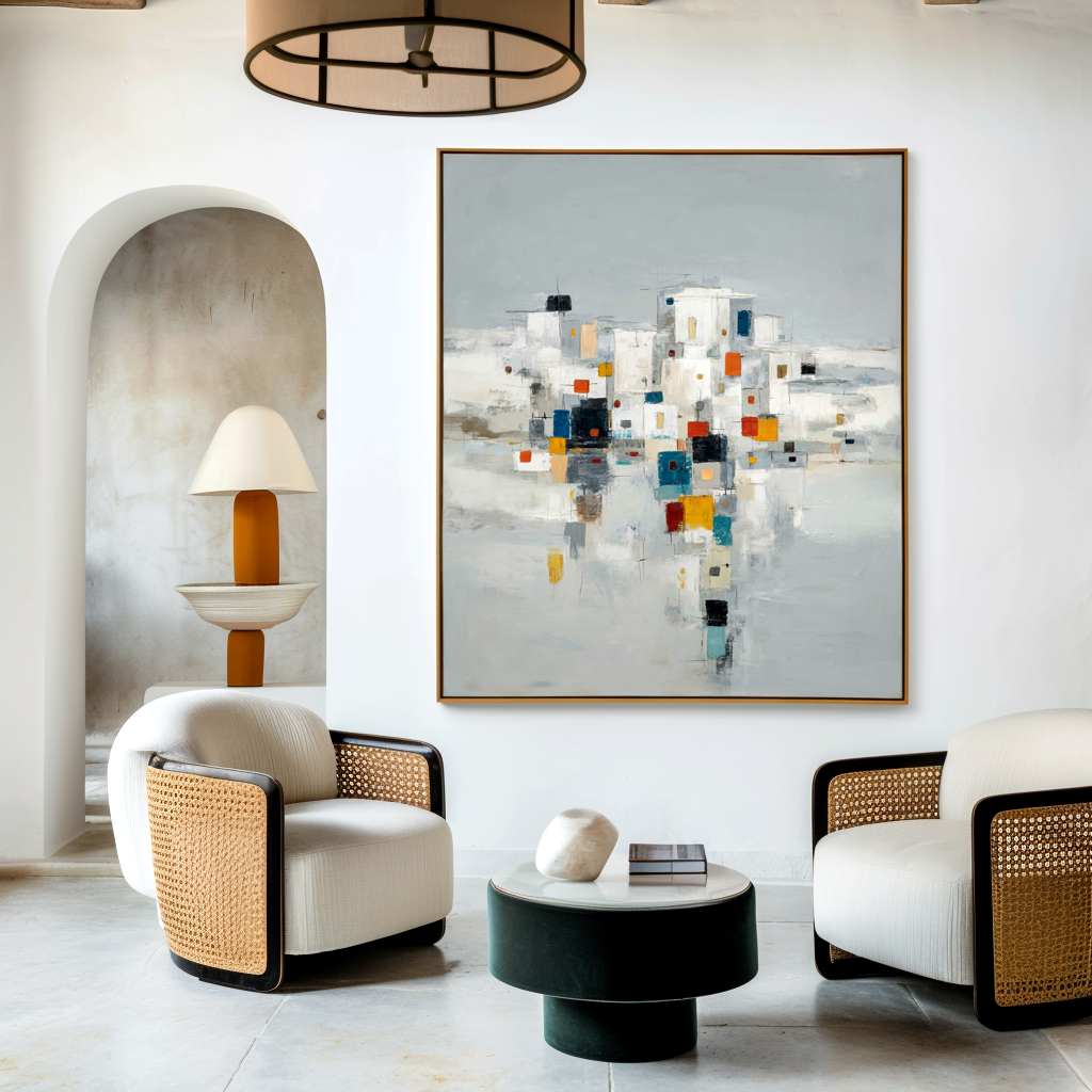 Abstract cityscape with vibrant colorful squares and geometric buildings.