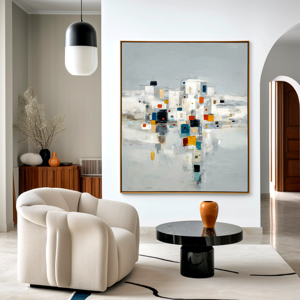 Abstract cityscape with vibrant colorful squares and geometric buildings.