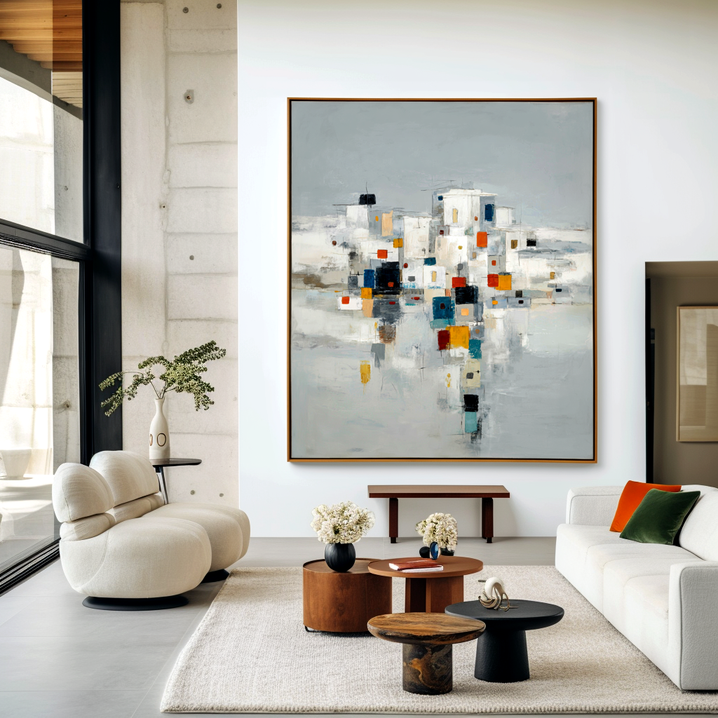 Abstract cityscape with vibrant colorful squares and geometric buildings.