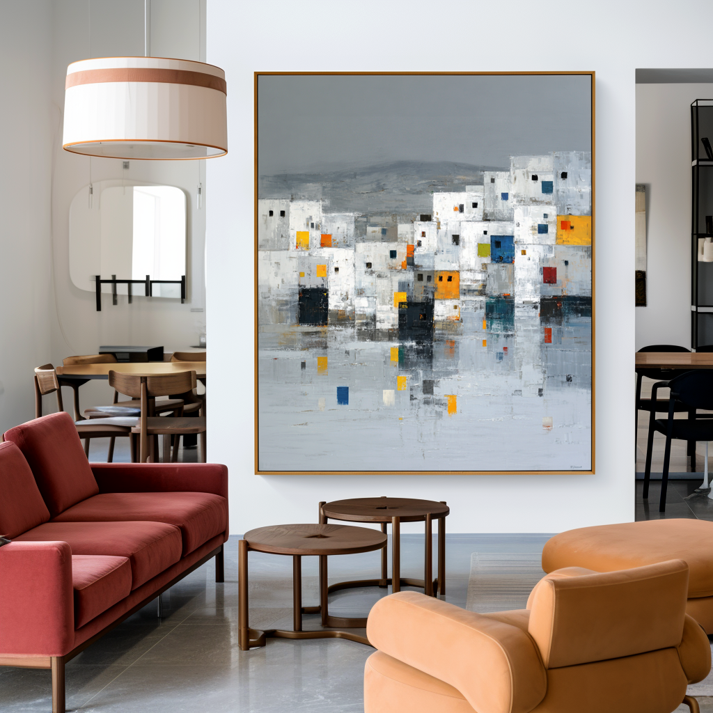 Abstract cityscape with colorful square windows and minimalist design.