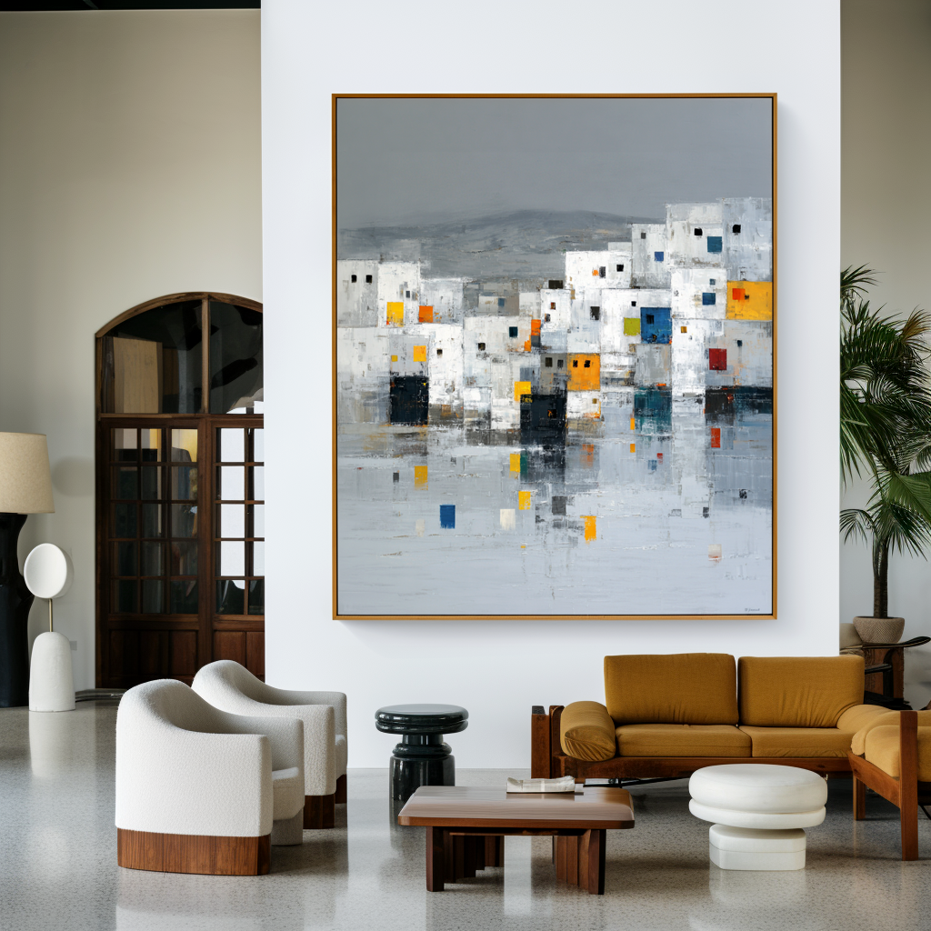 Abstract cityscape with colorful square windows and minimalist design.