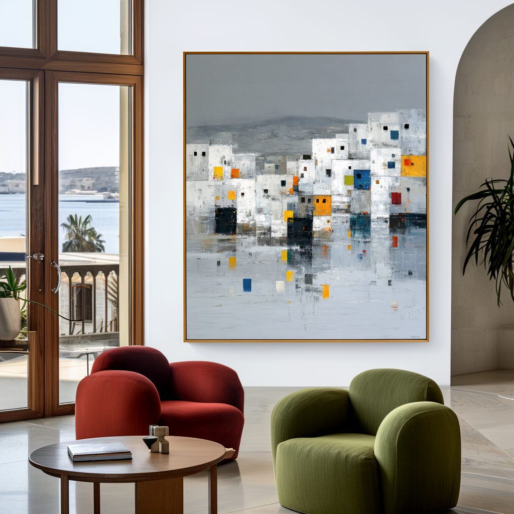 Abstract cityscape with colorful square windows and minimalist design.