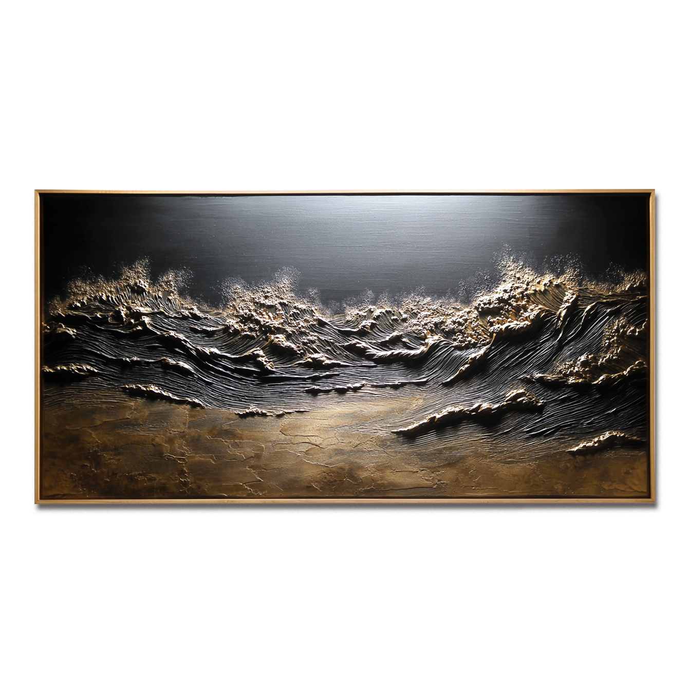 3D textured artwork of crashing ocean waves with gold and bronze accents.