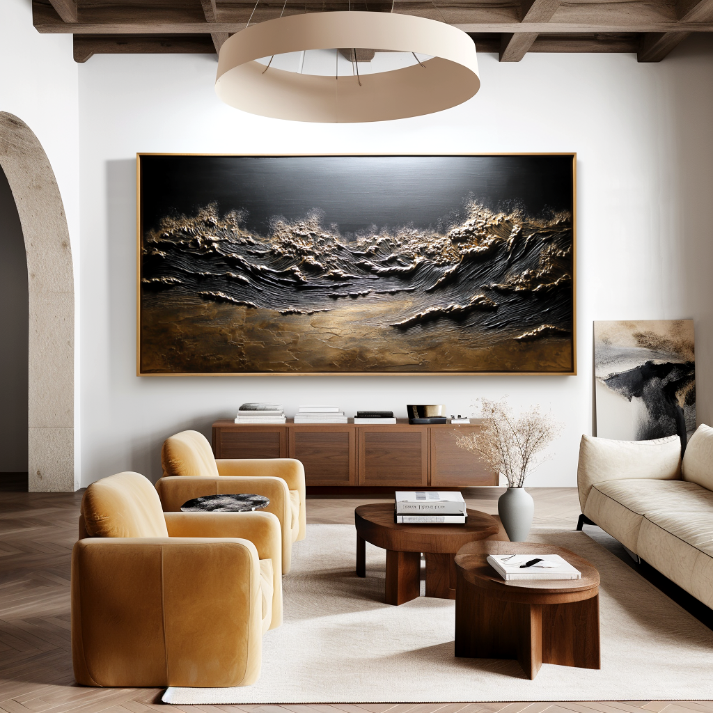 3D textured artwork of crashing ocean waves with gold and bronze accents.
