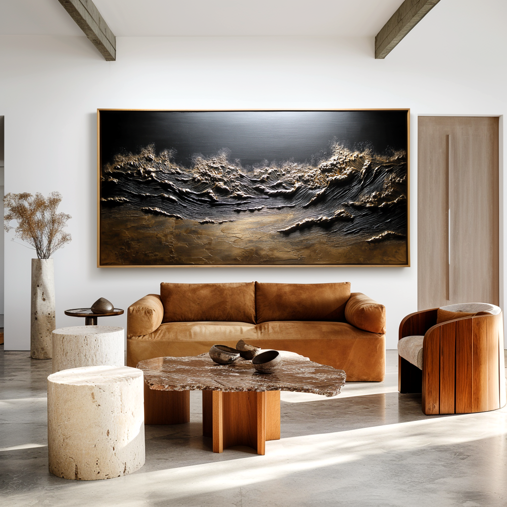 3D textured artwork of crashing ocean waves with gold and bronze accents.
