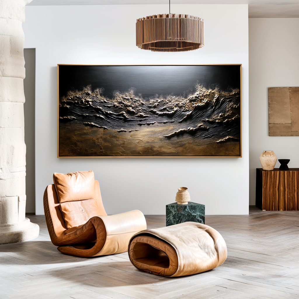 3D textured artwork of crashing ocean waves with gold and bronze accents.