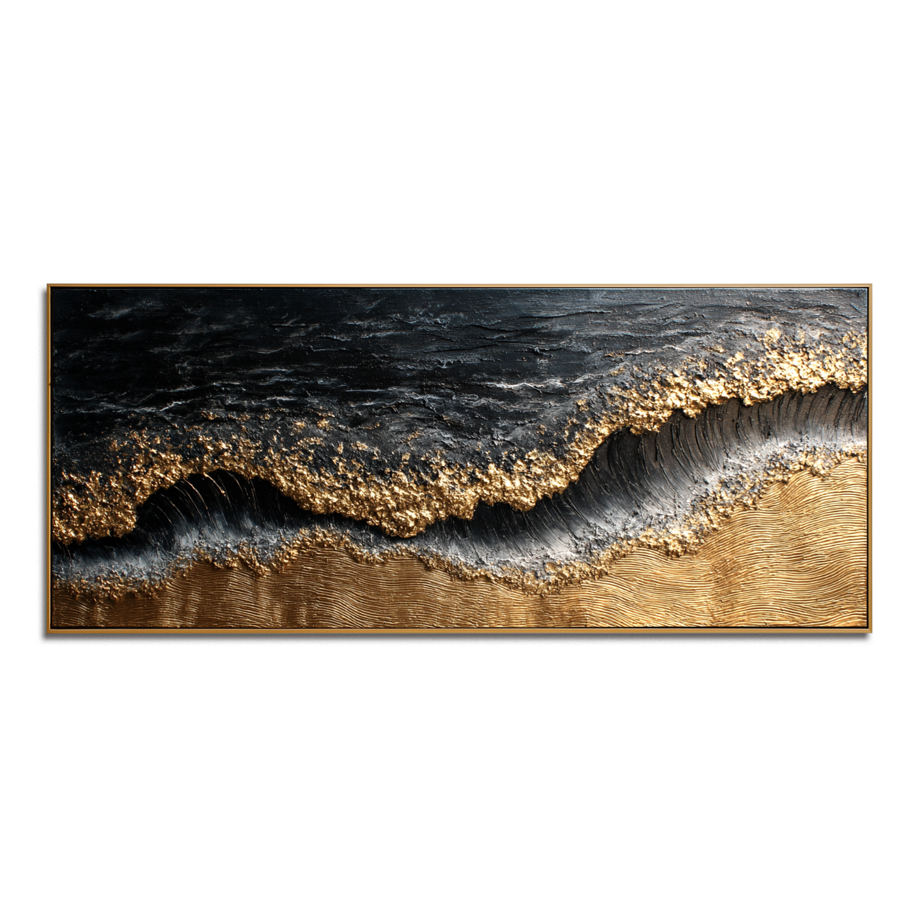 3D textured ocean waves art with gold accents on a dark background.