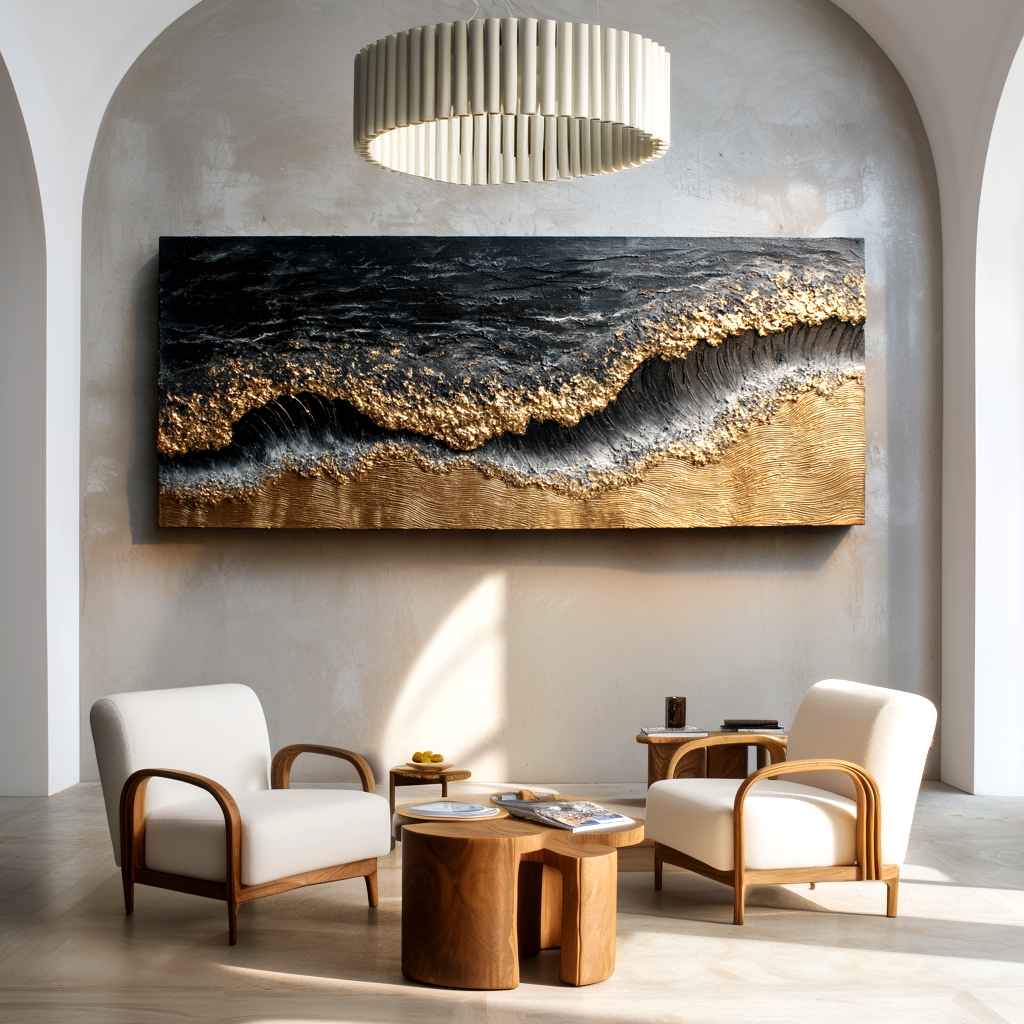 3D textured ocean waves art with gold accents on a dark background.