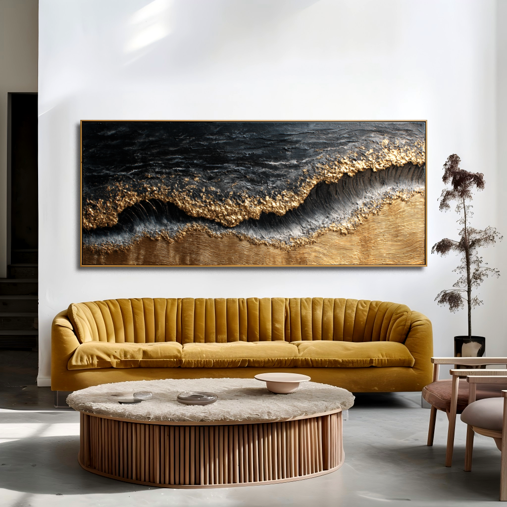 3D textured ocean waves art with gold accents on a dark background.