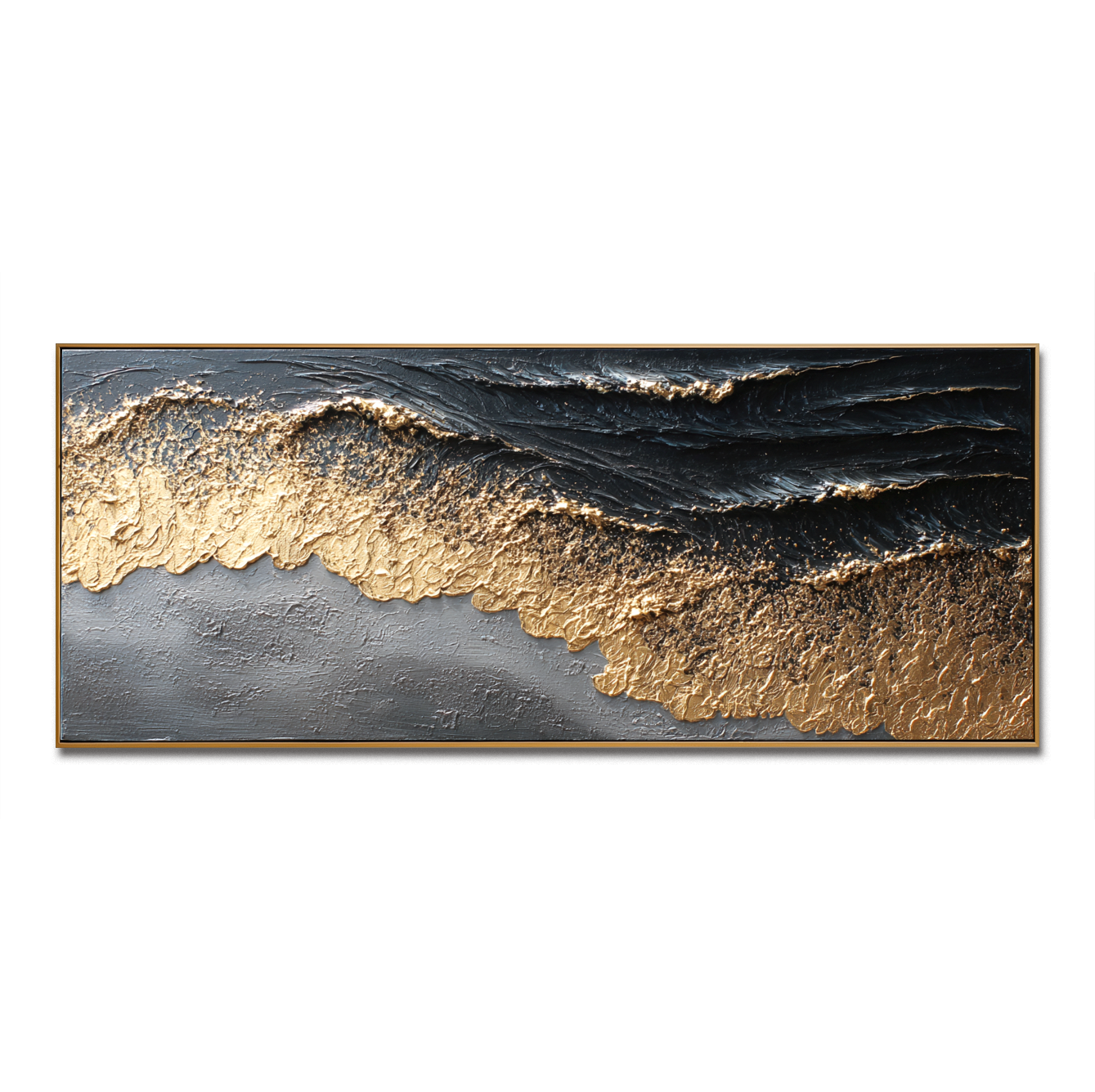 3D ocean waves art with gold highlights in textured design.