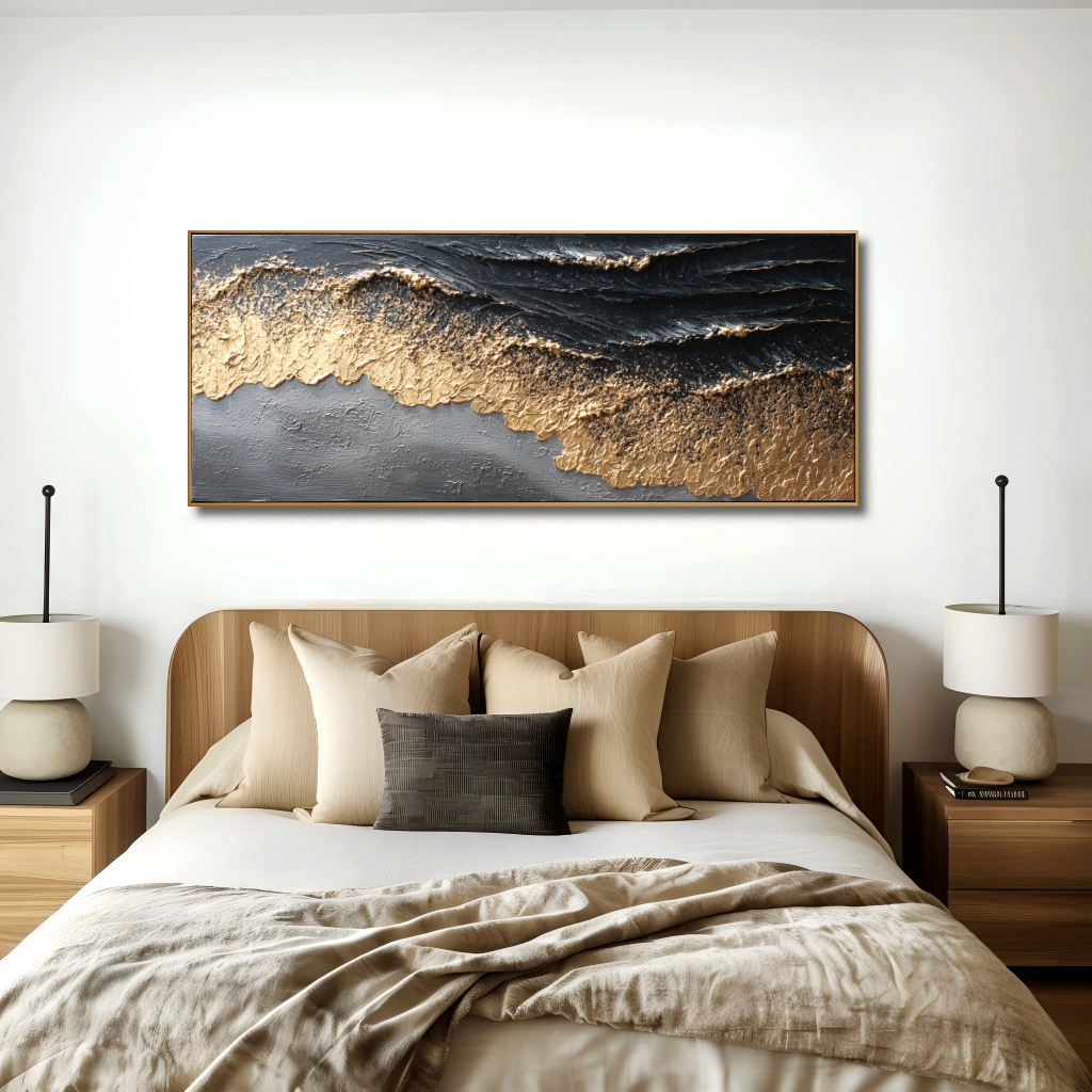 3D ocean waves art with gold highlights in textured design.