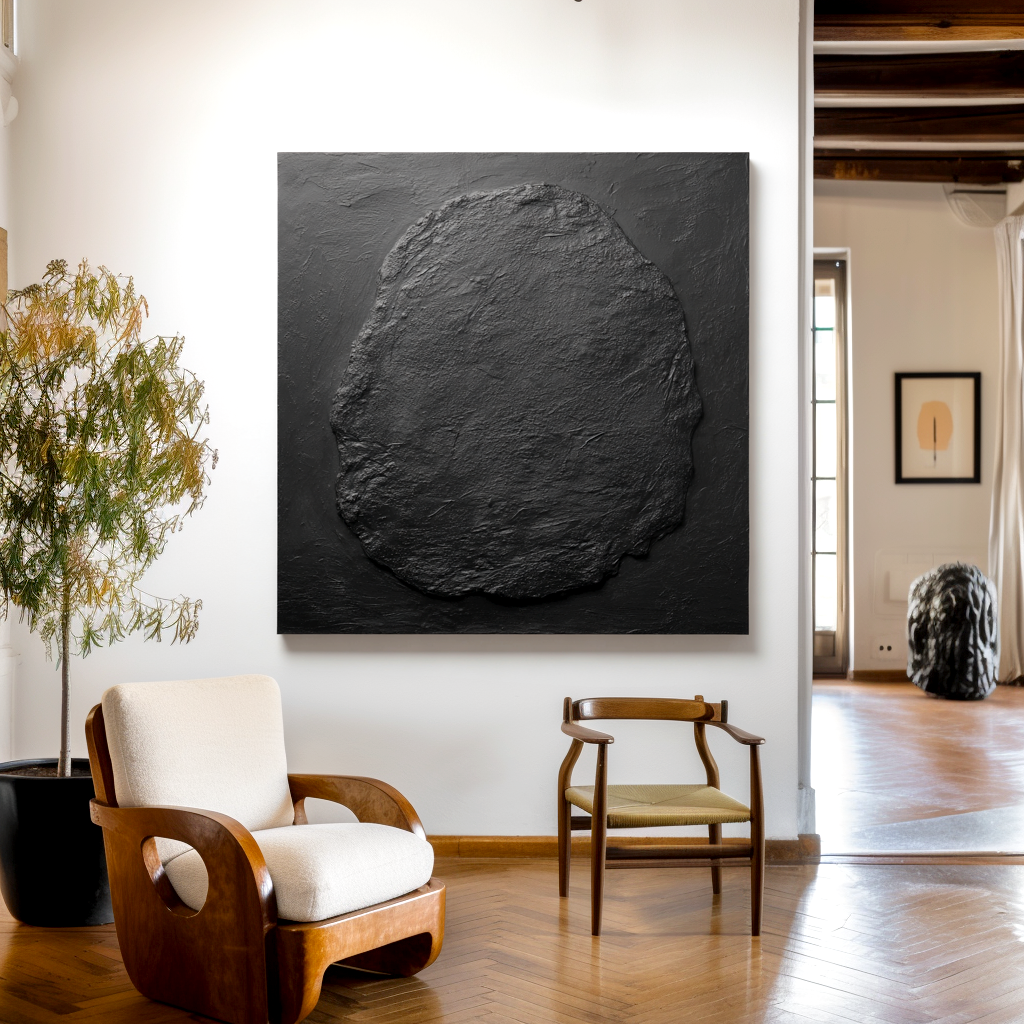 Abstract black textured artwork with organic form and unique texture