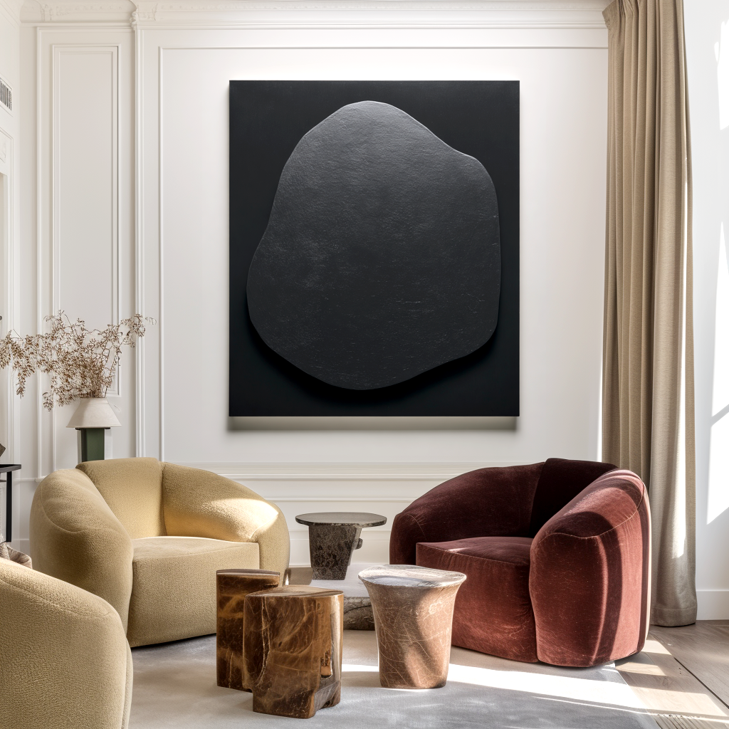 Minimalist black textured artwork with an organic shape.