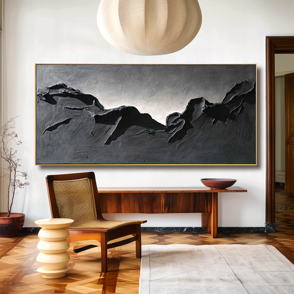 Abstract textured mountain landscape in black and white.