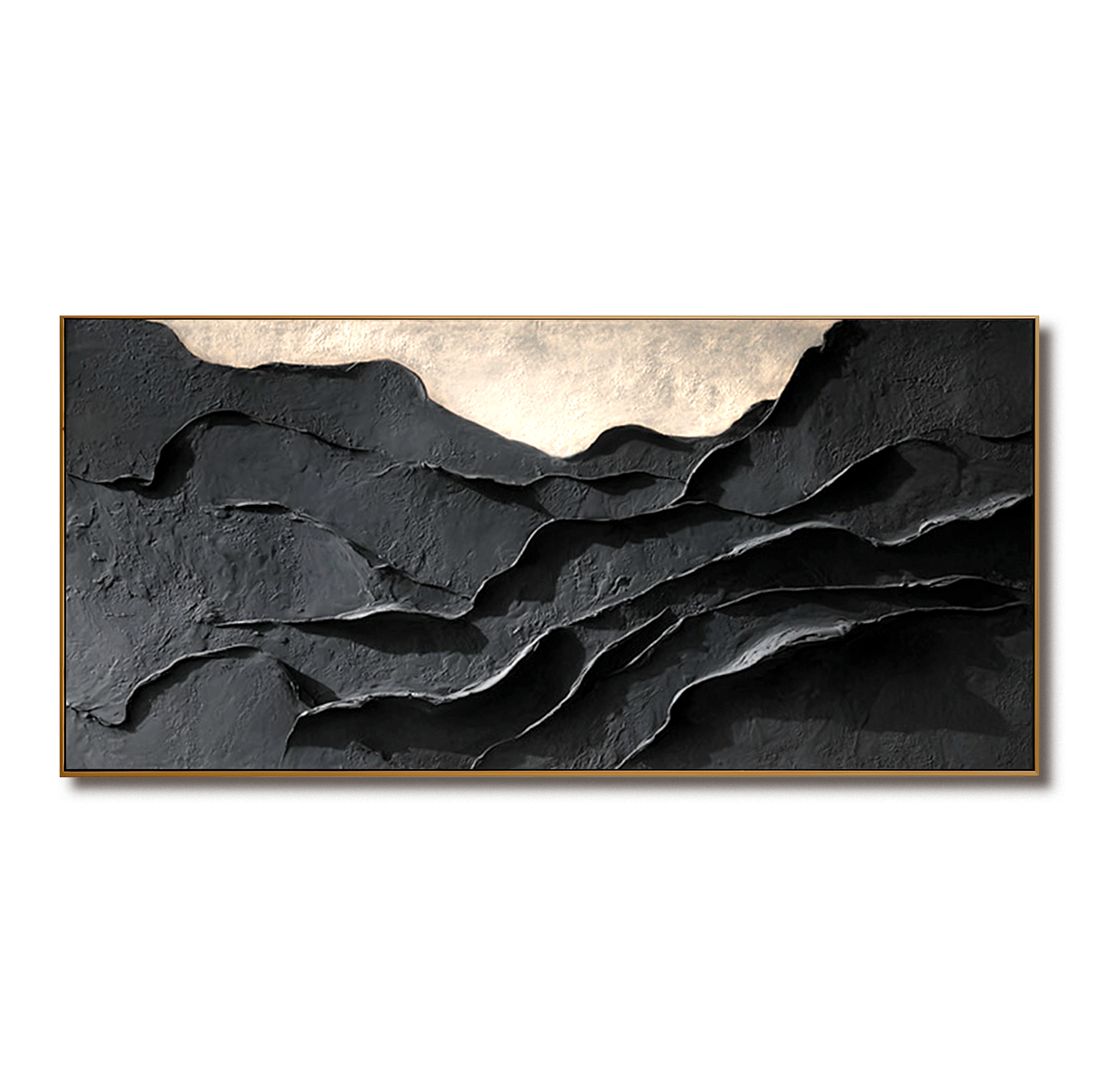 Abstract textured mountain landscape with dark tones and gold highlights.