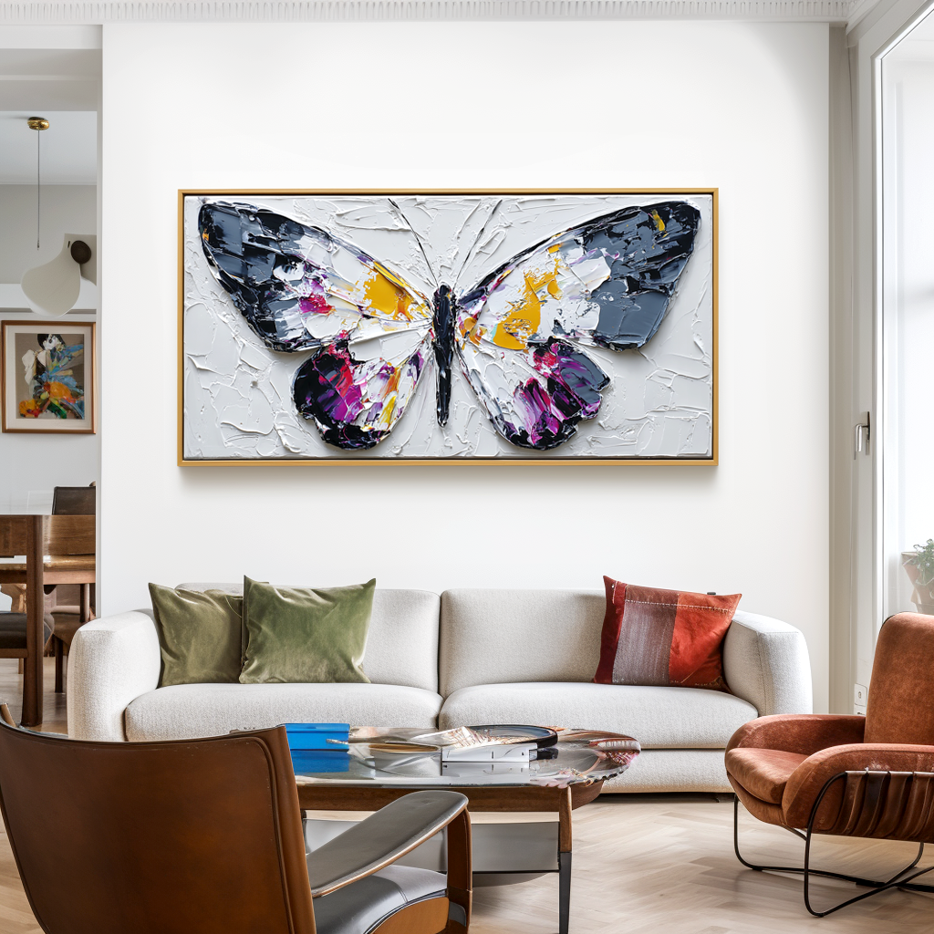 Textured butterfly painting with vibrant colors on canvas