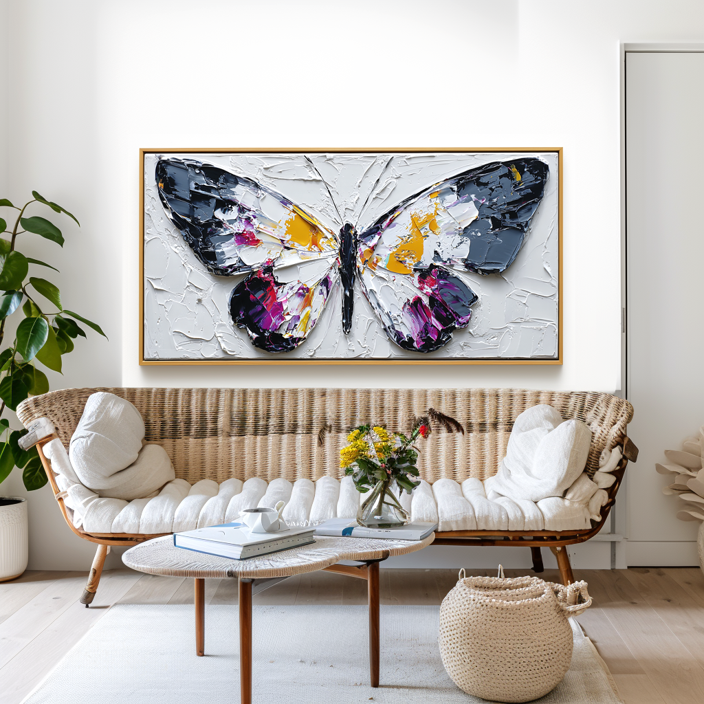 Textured butterfly painting with vibrant colors on canvas