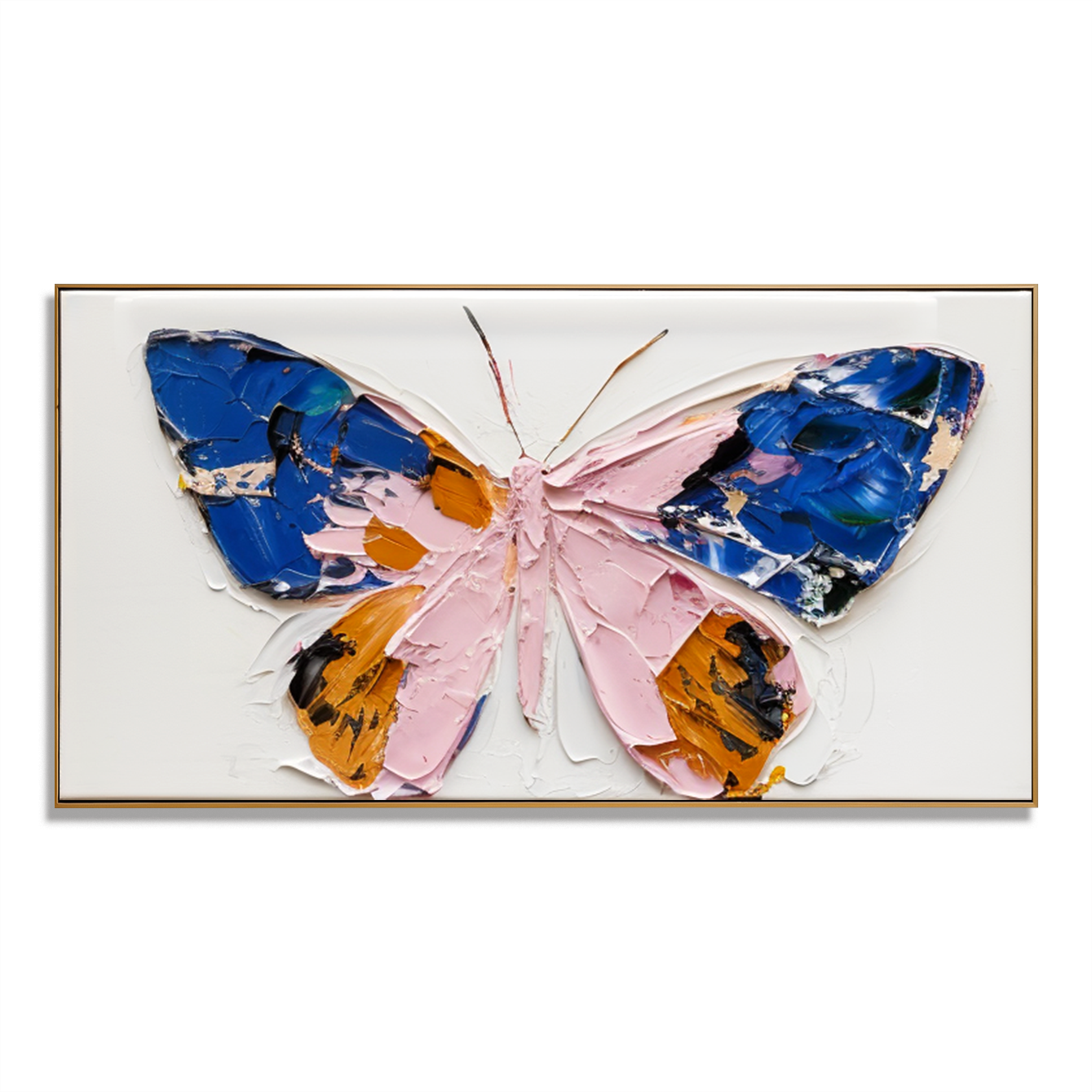 Textured butterfly painting with vibrant pink, blue, and orange colors on canvas