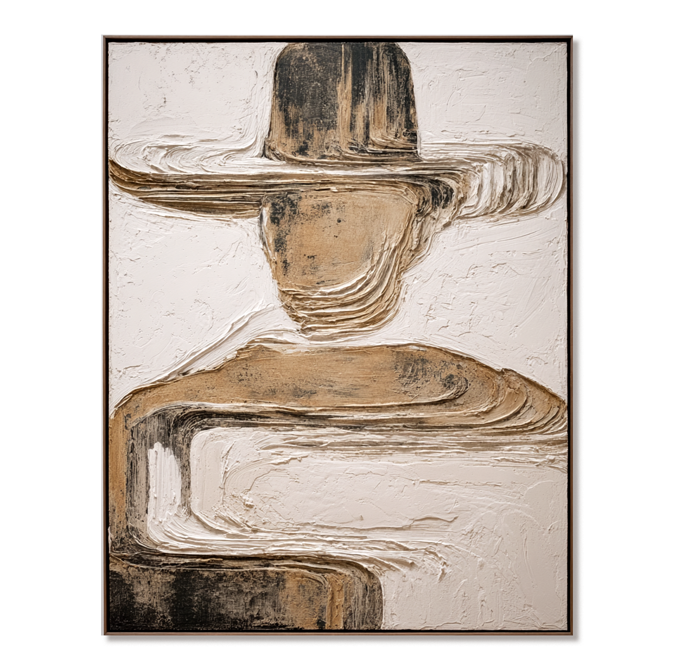 Abstract figure with a hat in neutral tones, textured modern art on canvas