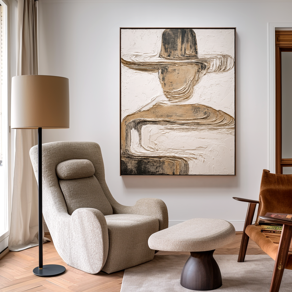 Abstract figure with a hat in neutral tones, textured modern art on canvas
