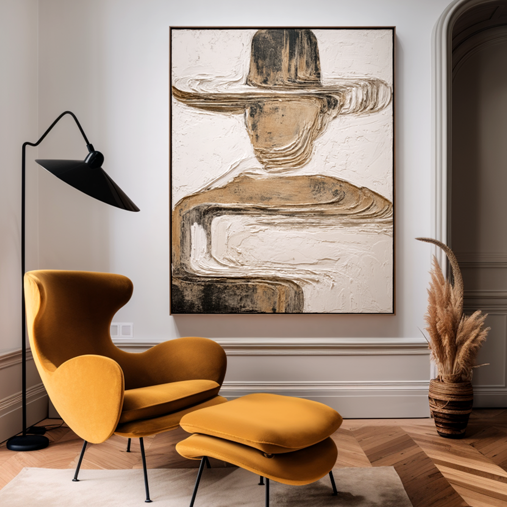 Abstract figure with a hat in neutral tones, textured modern art on canvas