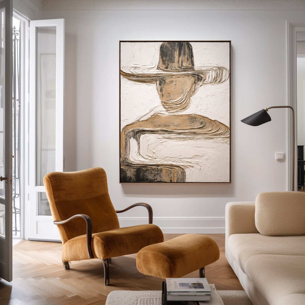 Abstract figure with a hat in neutral tones, textured modern art on canvas