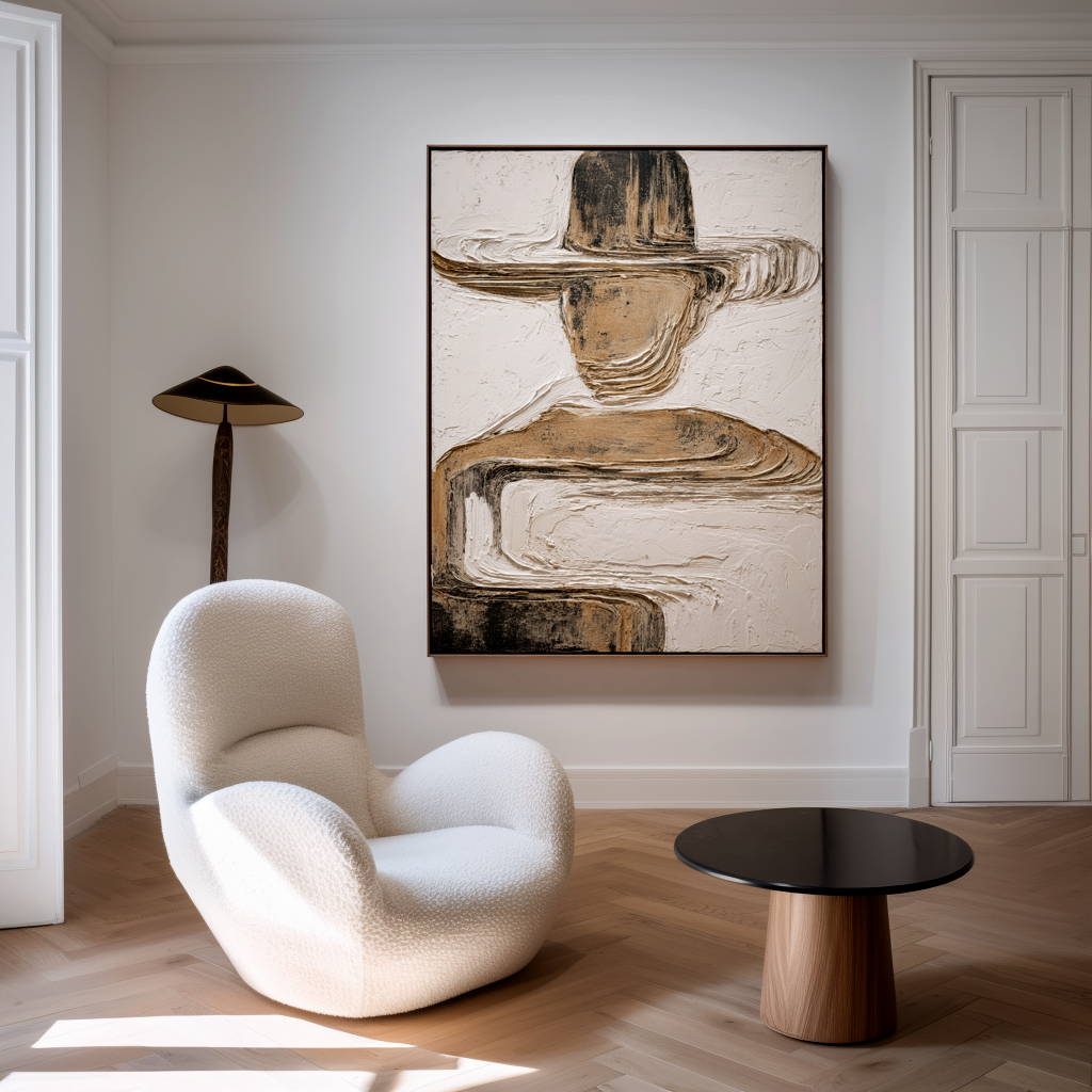 Abstract figure with a hat in neutral tones, textured modern art on canvas