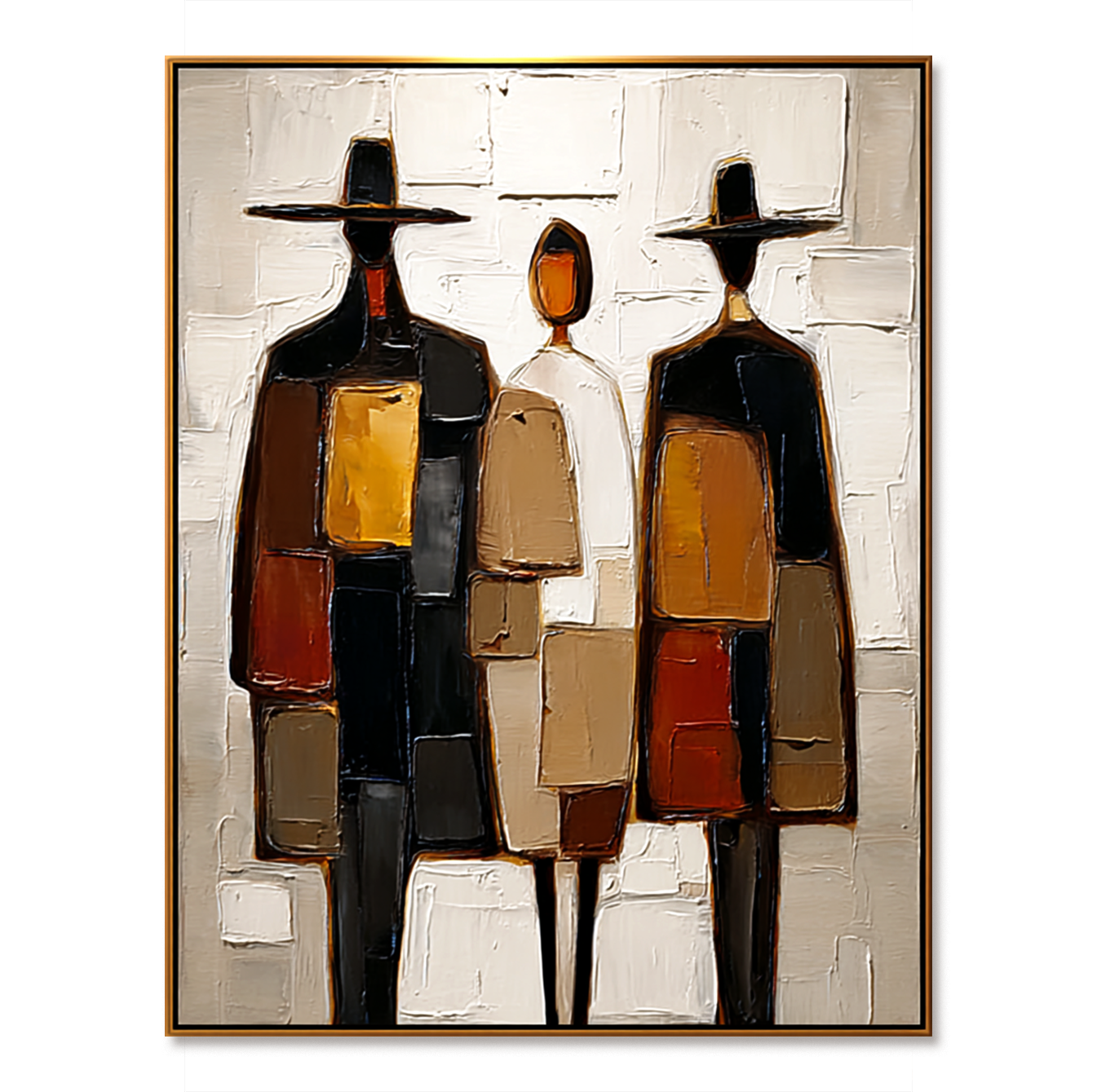 Abstract art of three figures with hats, textured modern canvas painting
