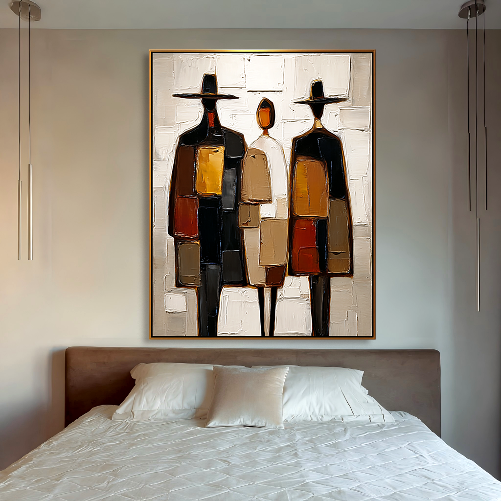 Abstract art of three figures with hats, textured modern canvas painting