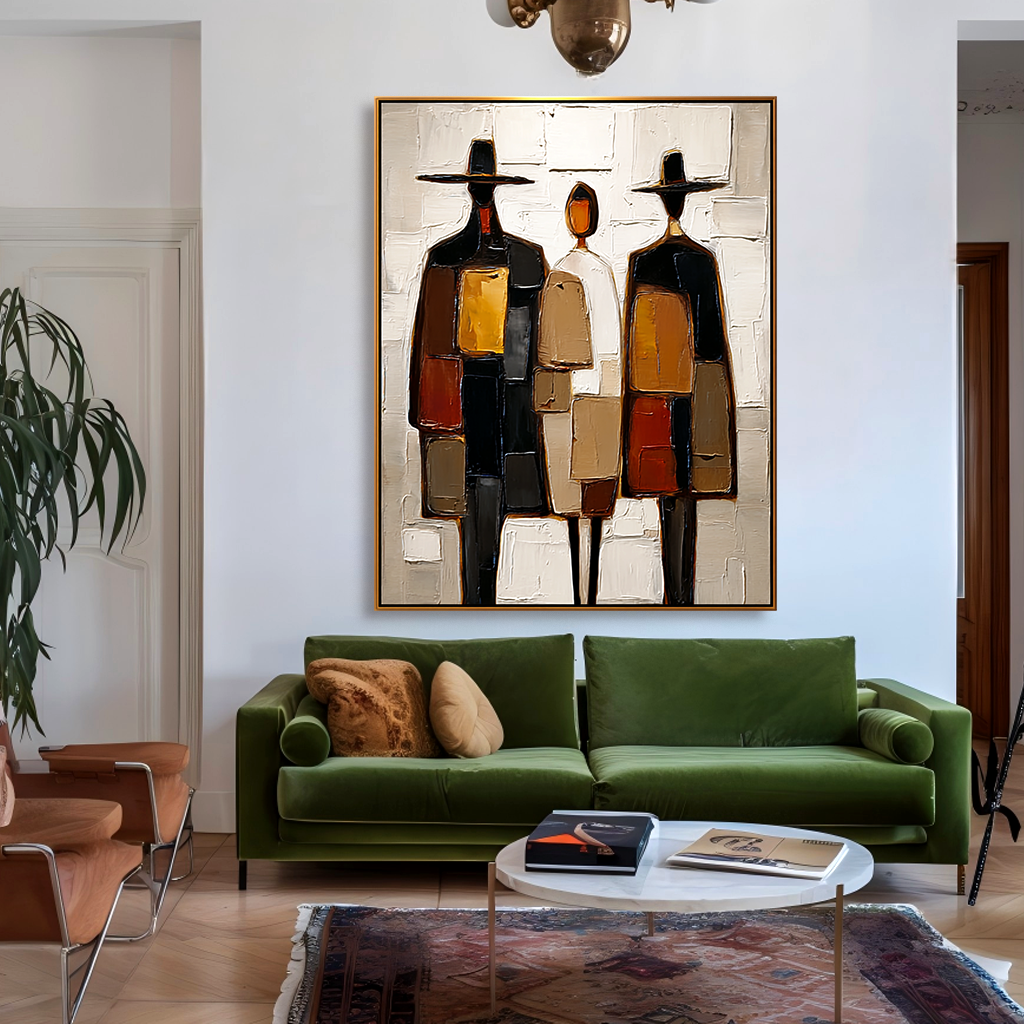 Abstract art of three figures with hats, textured modern canvas painting